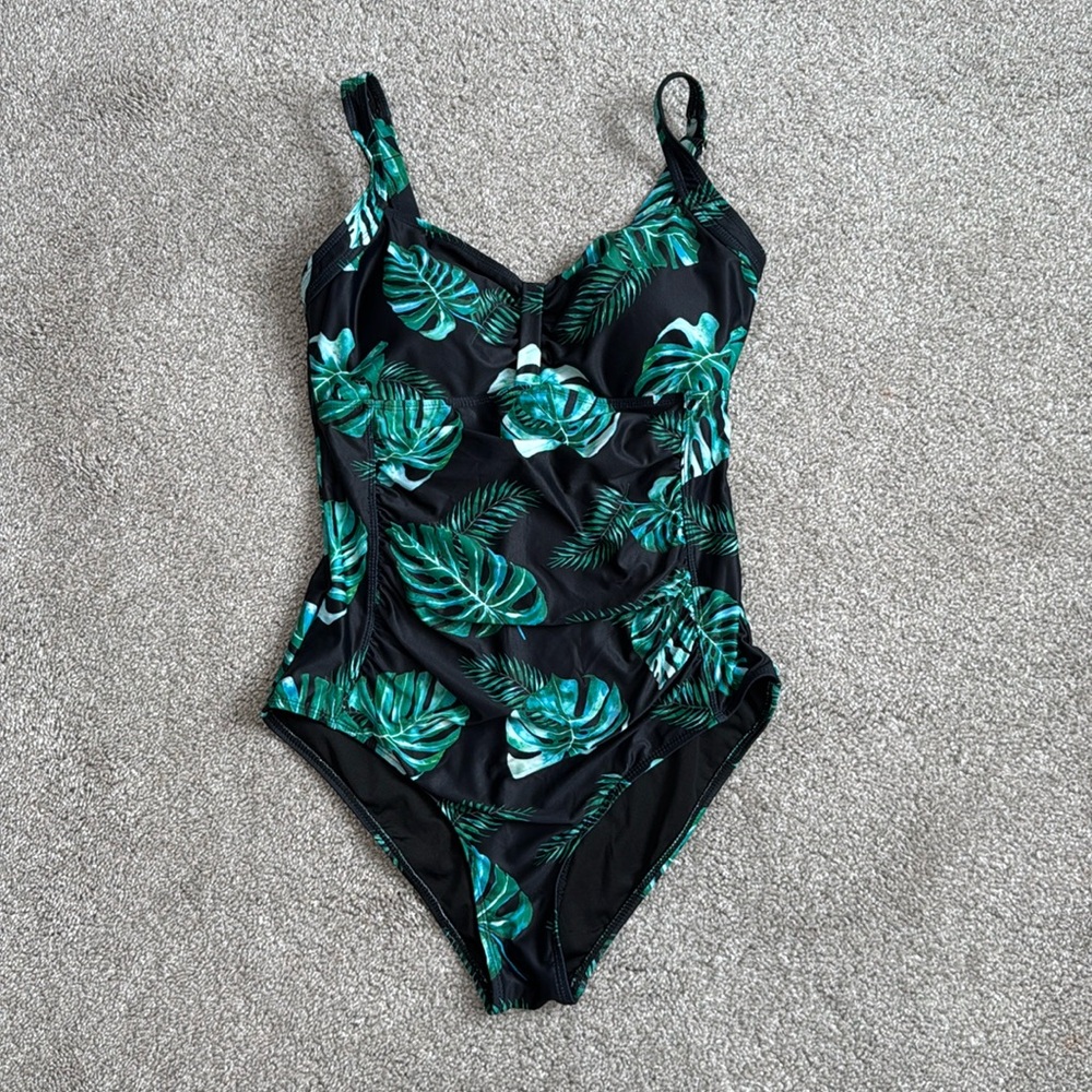 Black Tropical Leaf One-Piece Swimsuit - Green Leaf Print